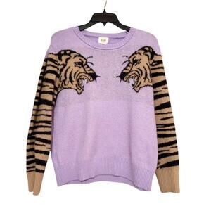BIBI Large Tiger Cat Graphic Lavender Sweater Animal Print Pullover